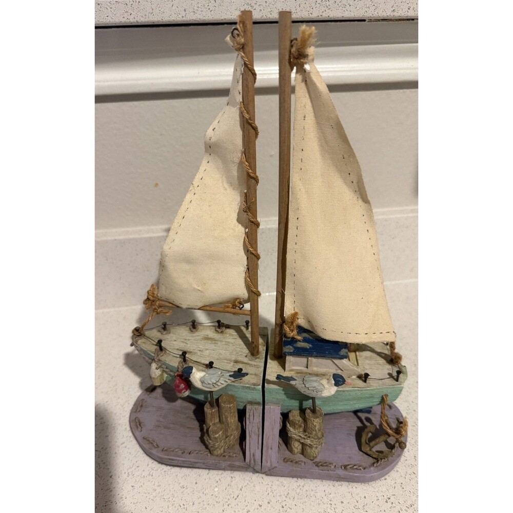 Vintage Sailboat Bookends Docked with Birds
